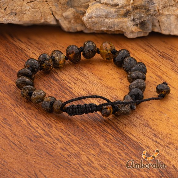 Baby Baltic Amber teething necklace and adjustable bracelet set-  Dark Green - - Picture 7 of 16